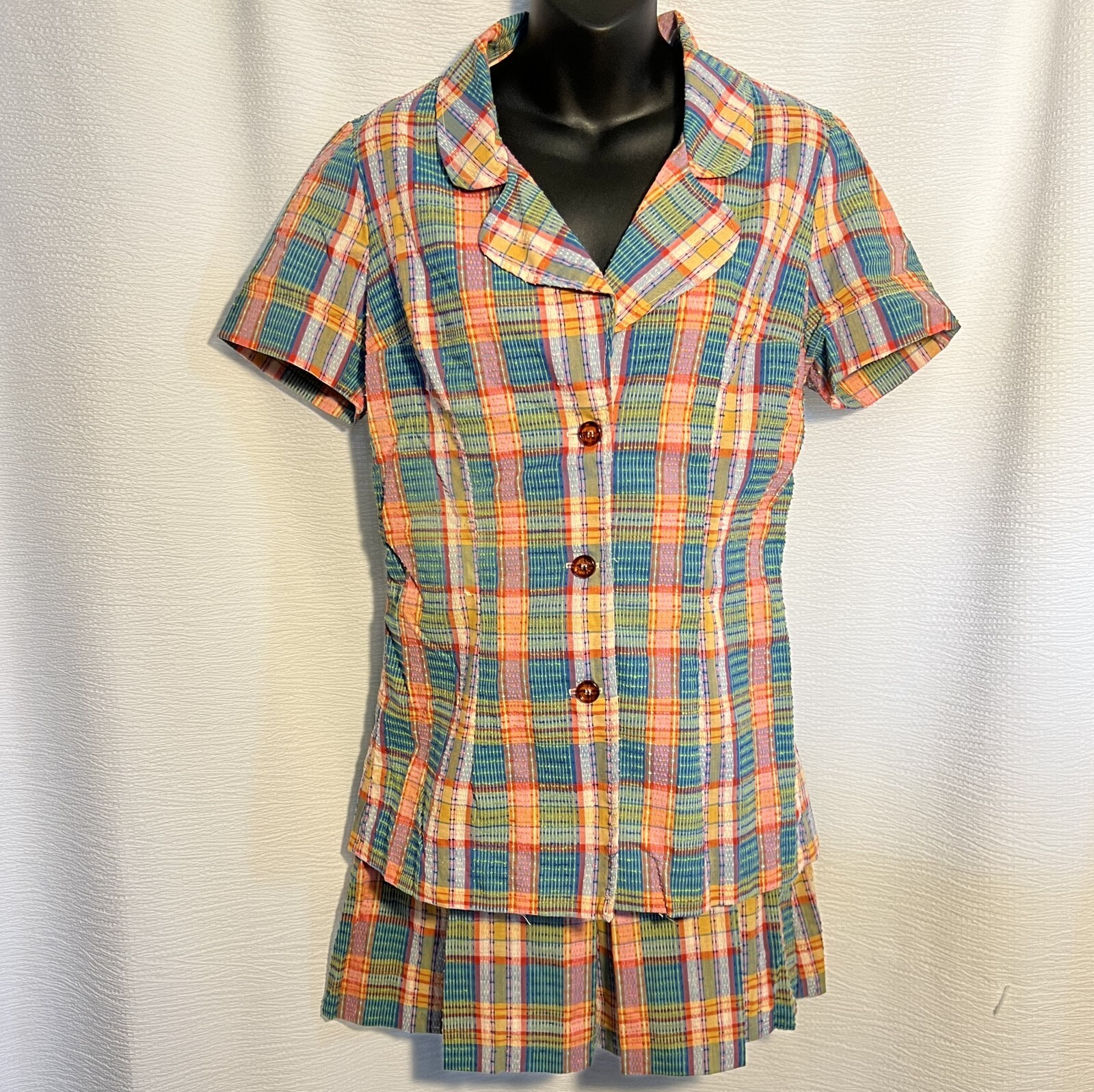 1970s Vtg 2pc Skirt Suit S Multicolored Nubby Plaid Short Sleeve Miss Pat w Belt