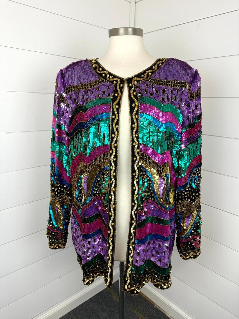 Vtg Jakelin Designs Stunning Beaded Silk Jacket Womens 2X Black Evening Lined