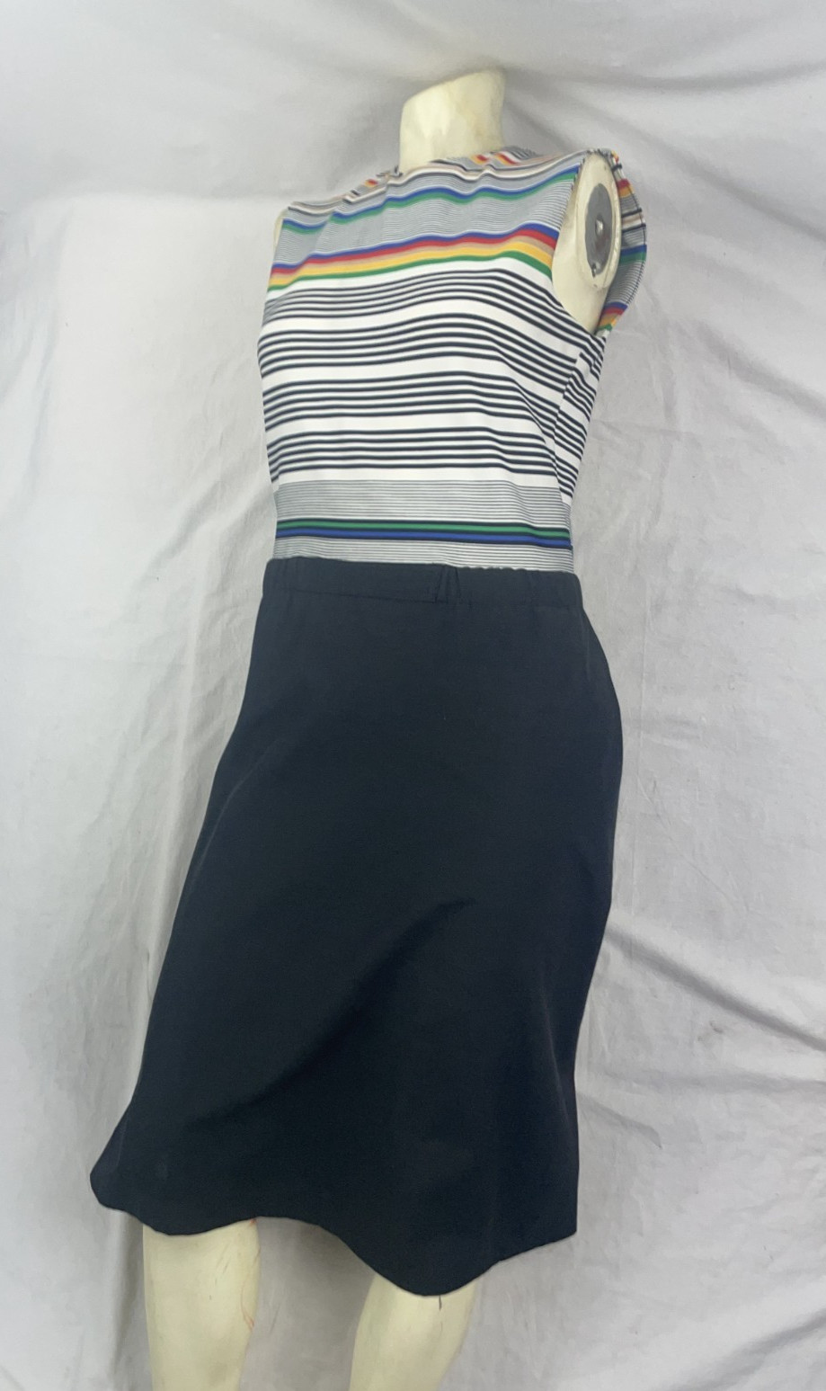 VTG 80S WOMENS S RETRO NEW WAVE SLEEVELESS STRIPED BLACK DRESS