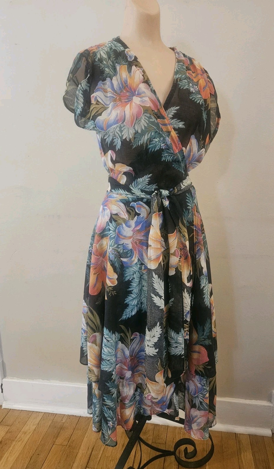 Vintage 1940s Cotton Voile Hawaiian Floral Black Tiered Wrap Dress