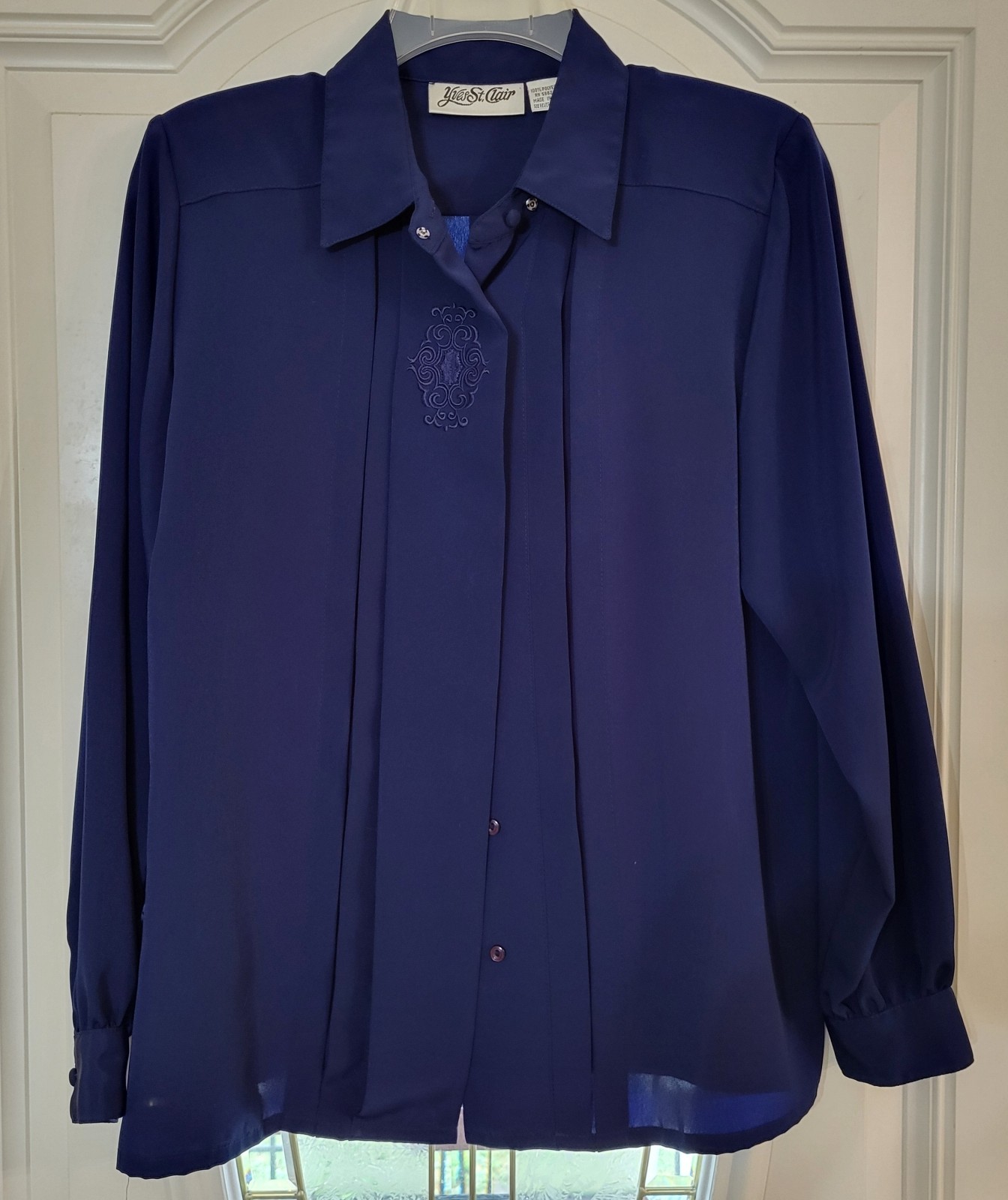 Vintage 80s YVES ST CLAIR Navy Blue Top 8 Button Up Embroidered Secretary Blouse
