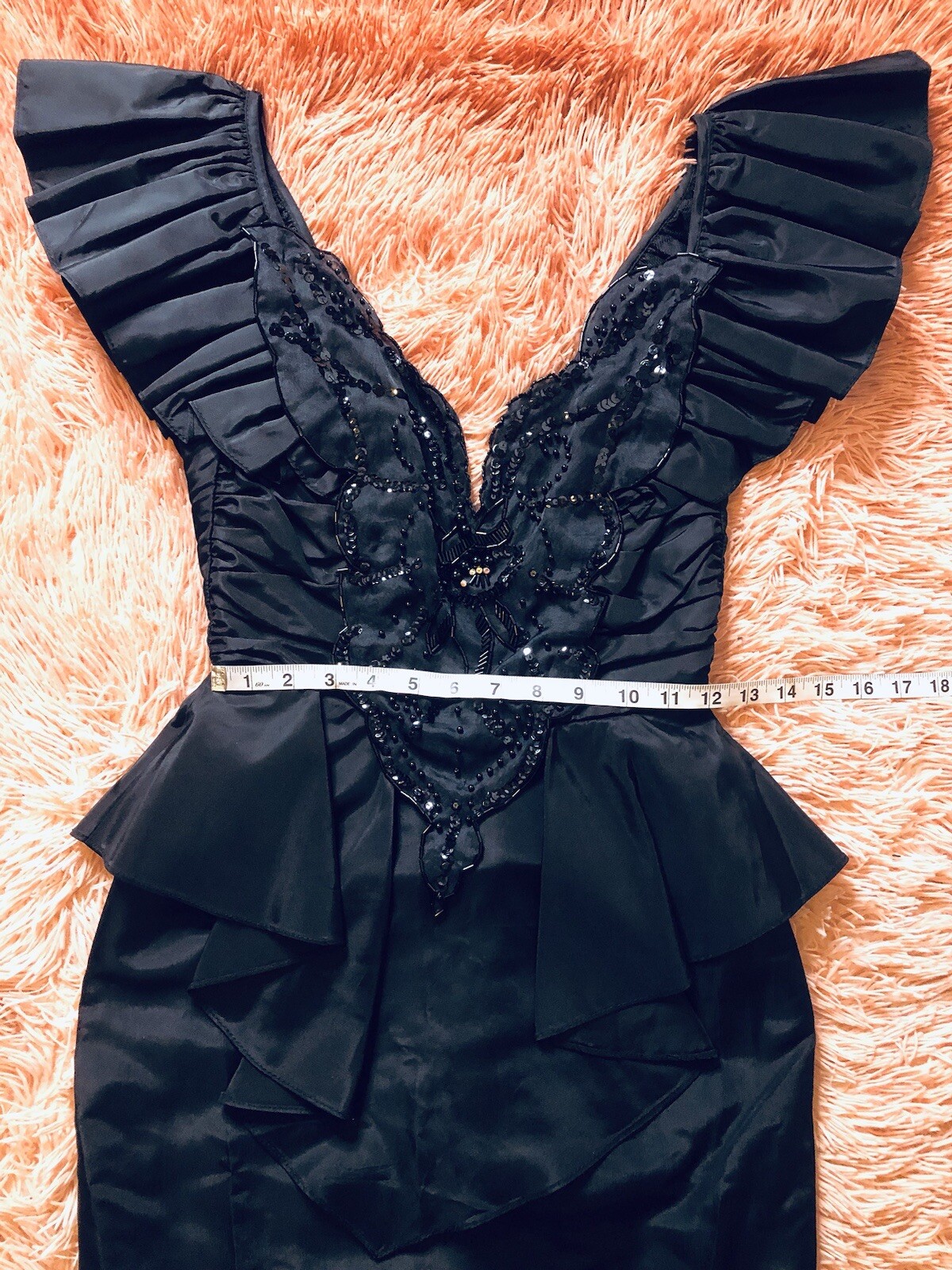 Vintage 80’s Climax Karen Okada Ruffled Peplum Bodice, knee Length Dress. Sz 5/6