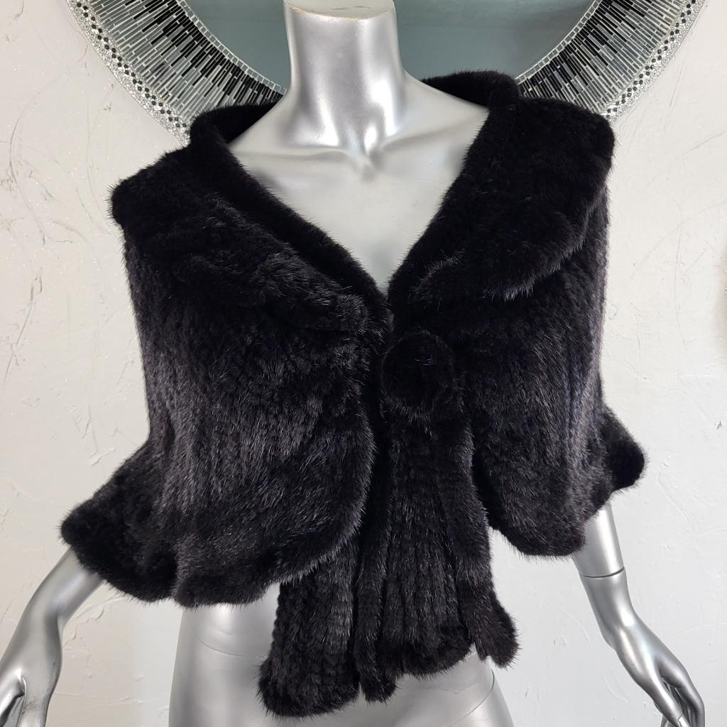 SAKOWITZ~S/M/L~VINTAGE BLACK KNITTED GENUINE REAL MINK FUR STOLE WRAP CAPE COAT