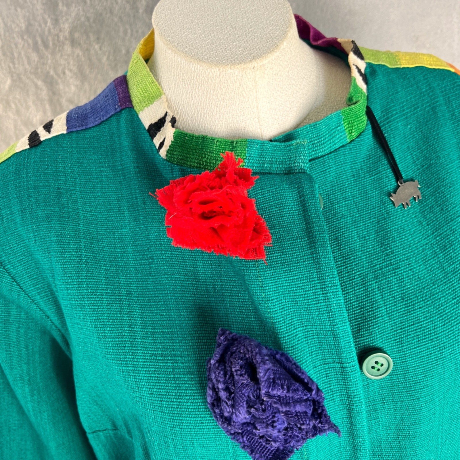 Vintage Women’s Art To Wear Pom Pom Jacket Green size Medium colorful funky