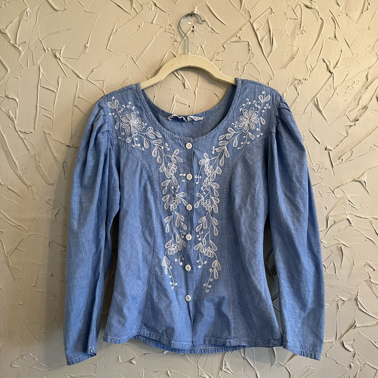 Vintage Star Of India Denim Chambray Embroidered Peasant Top Small 70s 80s