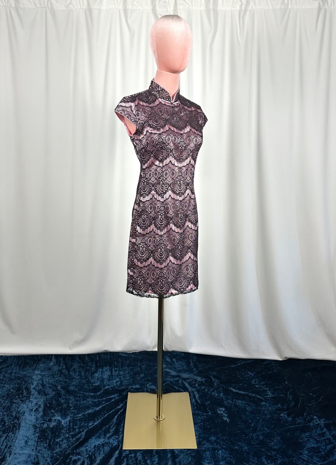Vintage Lace Mandarin Collar Dress XS Pink Black Cocktail Party Beijing Purchase