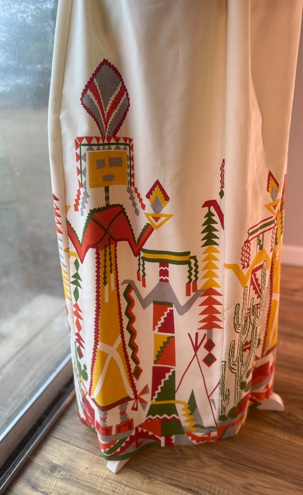 Vtg 1960s 70s Maxi DRESS Kachina Doll CACTUS Print Native FOLK ART Skirt XS/S