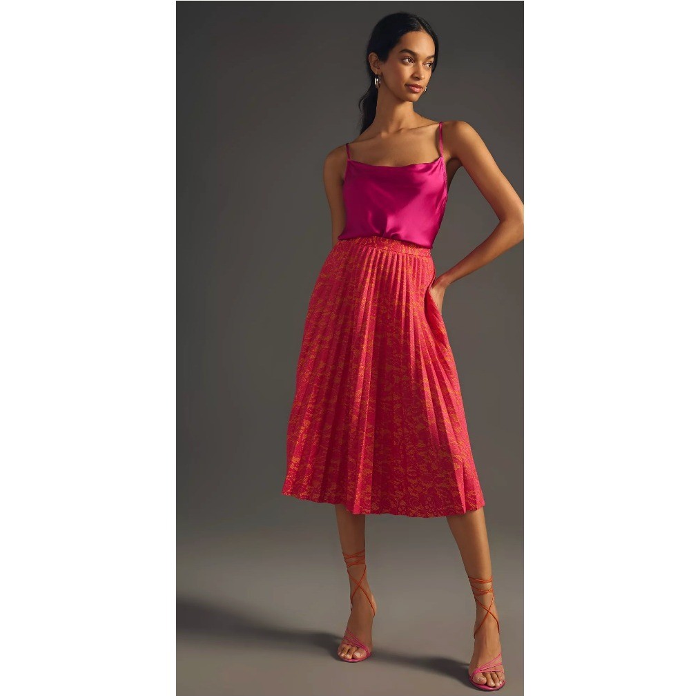 Anthropologie Maeve Pleated Midi Skirt XS Pink Orange Boho EUC
