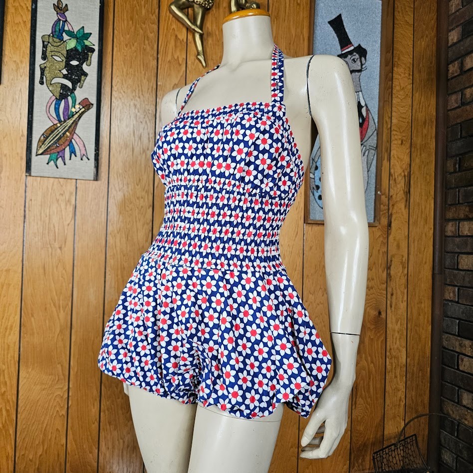 Vtg 50s Cole Cheesecake Bubble Bloomer Halter Bathing Suit Daisy Romper XXS/XS