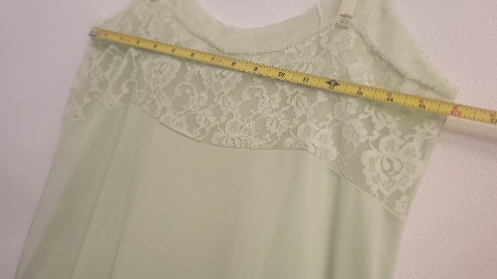 Monsanto Slip Dress L38 Lace Trim Green Nylon Satin Short Ajust.straps U.SA Vtg