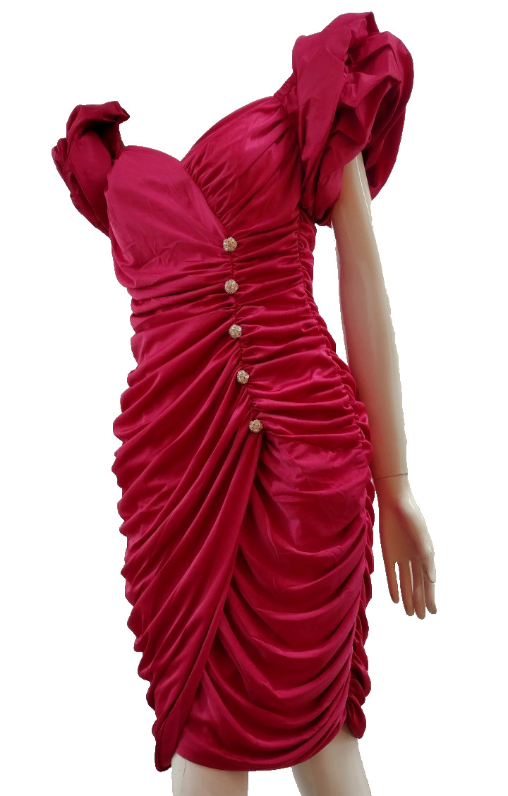 80s Couture Dress Pink Fuchsia Balloon Sleeve Rhinestone Buttons SAMIR 80s M