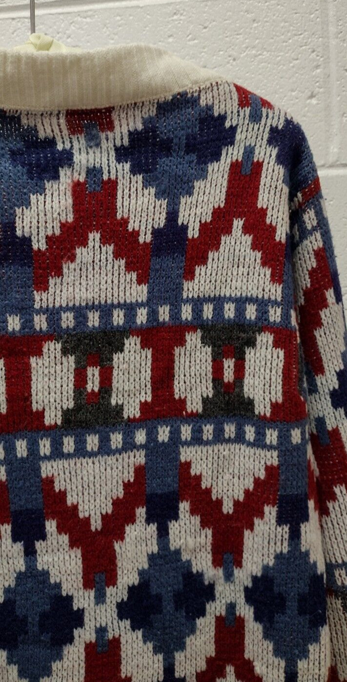 MCM Sweater Mid Century Holiday Burgundy Red White & Blues Mod Mock Neck Crew