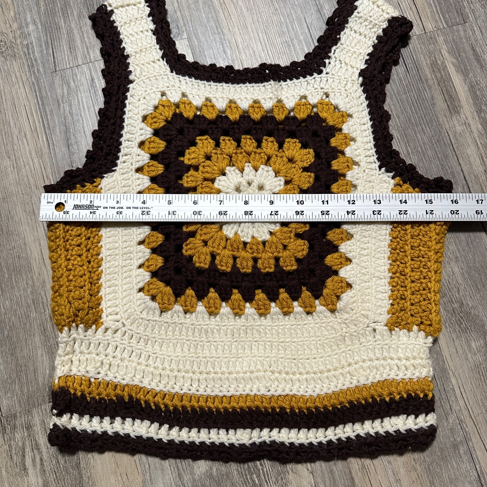 Vtg 1970s Handmade Crochet Vest Tank Cropped Yellow Brown Cream Granny Square