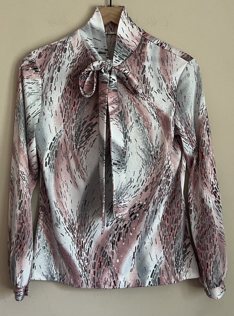 Vintage Blouse Top Shirt Disco 70s Tie Long Sleeve Button Up Size 8 10 Medium