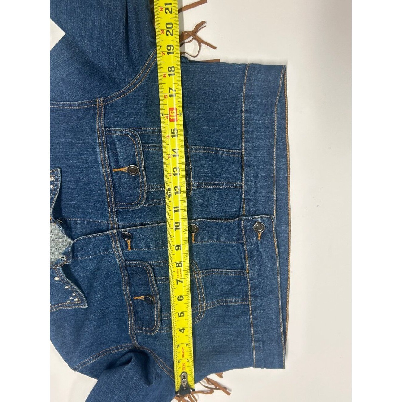 BellaSky Cropped Denim Jacket Fringe Western Studded Boho Country Concert Size L
