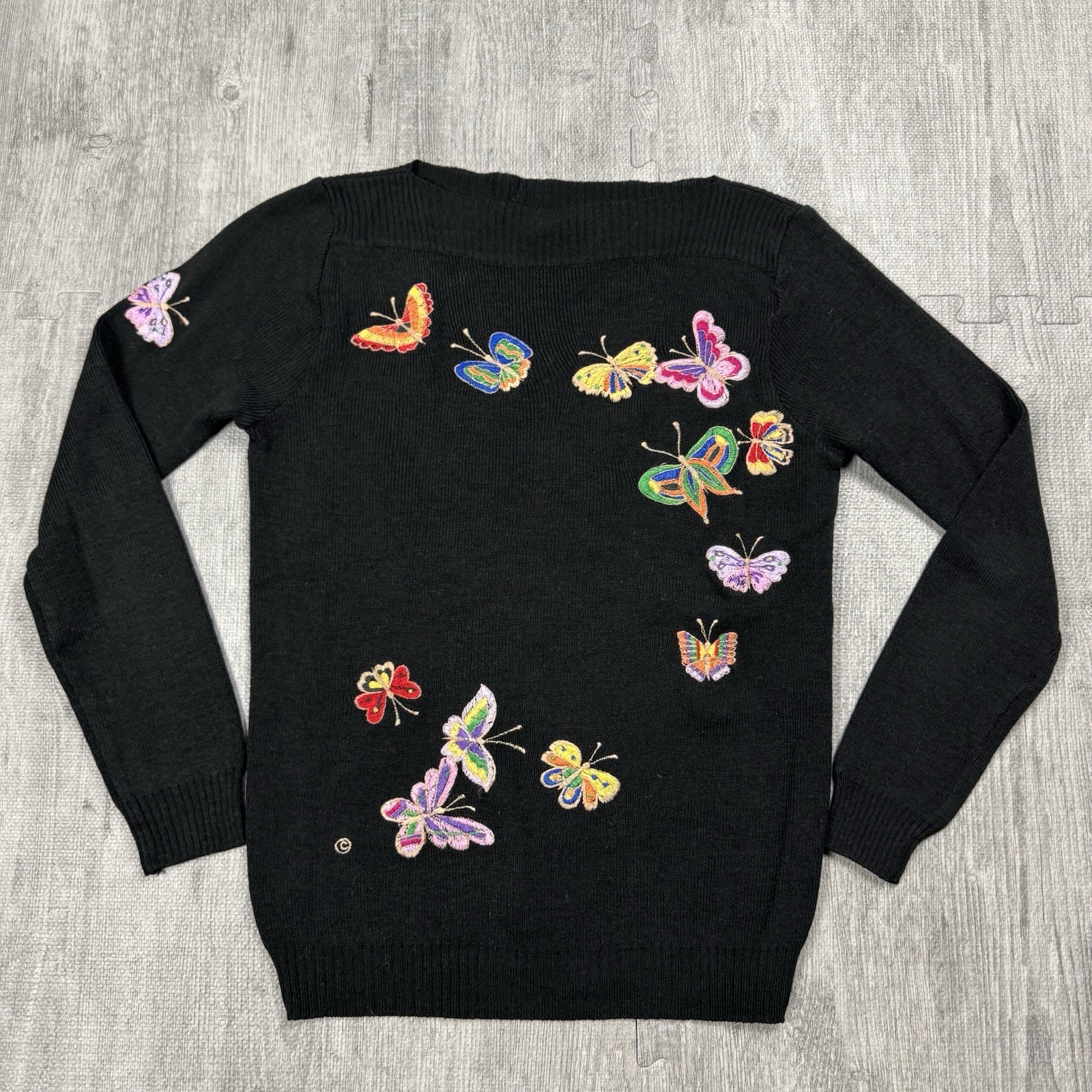 VTG 70S CYN LES SHIRLEE DESIGNS EMBROIDERED BUTTERFLY BOAT NECK WOMENS SWEATER