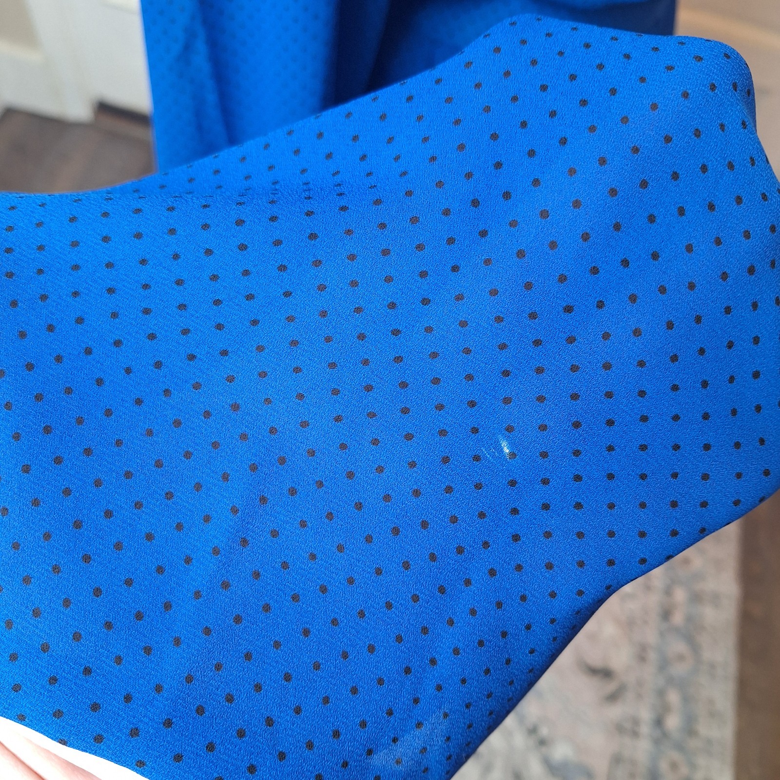 Vtg 80’s Compositions Skirt & Blouse Set, Blue With Black Polka Dots, Size…