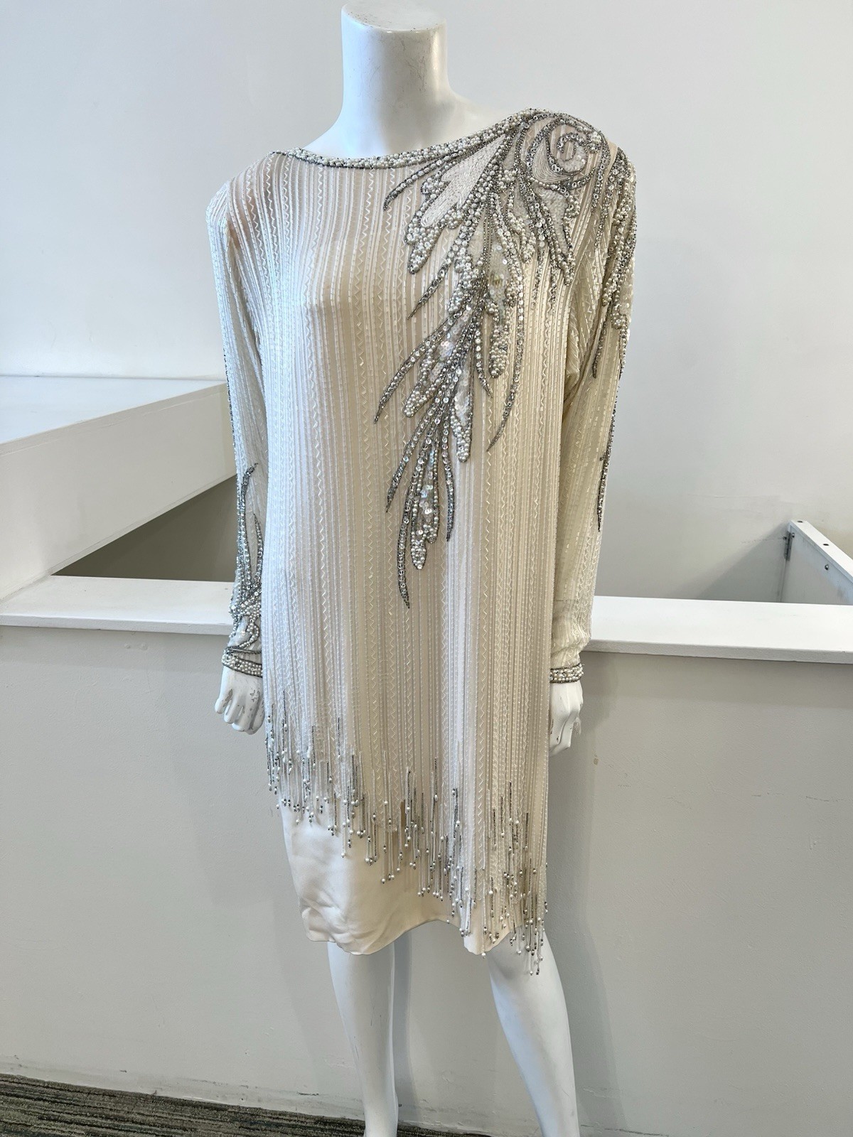 1980s BOB MACKIE Cream & Silver Beaded Silk Evening Dress Size 12