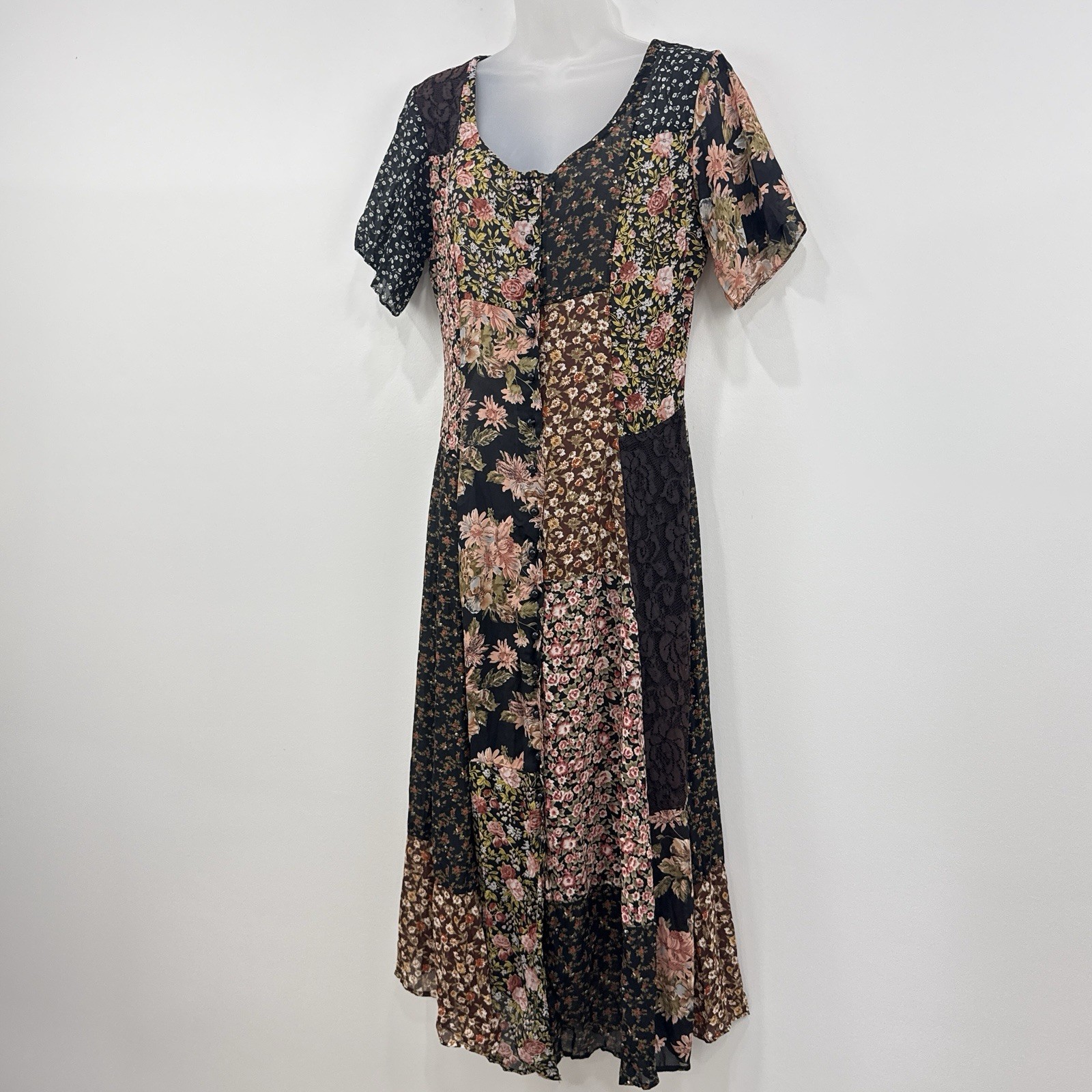 VTG 90s Express Patchwork Maxi Dress M Country Prairie Cottagecore Forest Fairy