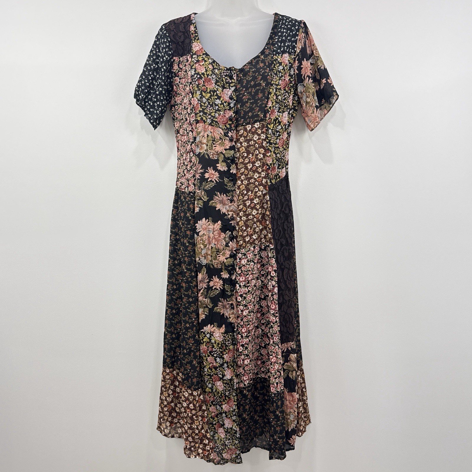 VTG 90s Express Patchwork Maxi Dress M Country Prairie Cottagecore Forest Fairy