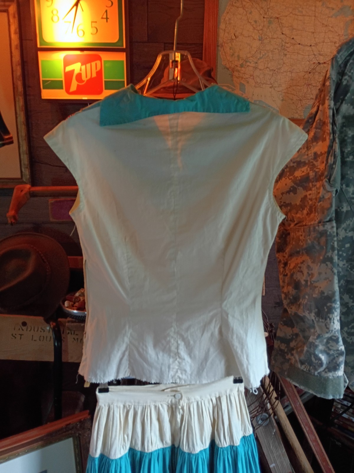 Vtg Mexican Patio Peasant Dress 2 Piece Skirt Blouse Ric Rac Trim Full Circle