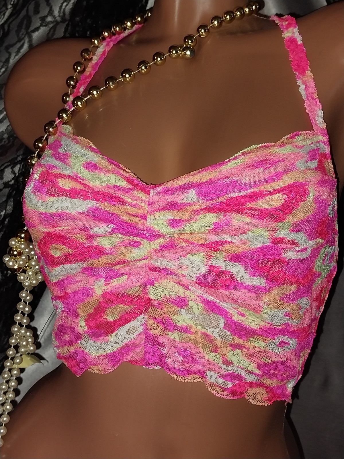 Vtg PINK VS Floral Neon Mesh Nylon Silky Rouched Bralette Lacy Bra NEW M Couette