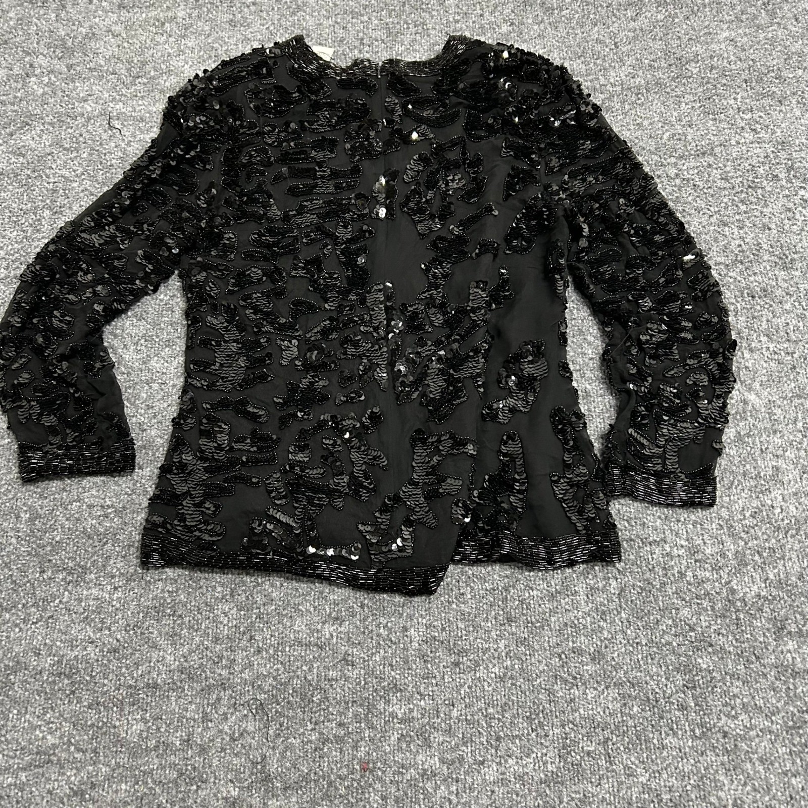 Vintage Blouse Womens Size S Black Silk Sequin Beaded Long Sleeve Evening Top