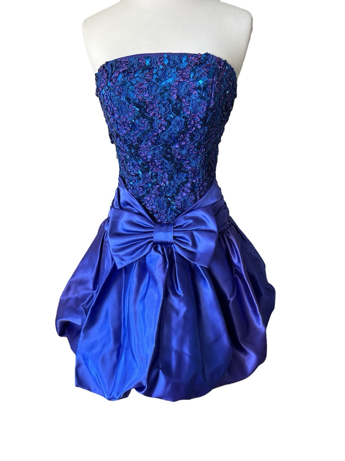 Vtg Scarlett Nite Prom Dress Blue Purple Sequin Short Bubble Hem 7/8 Strapless