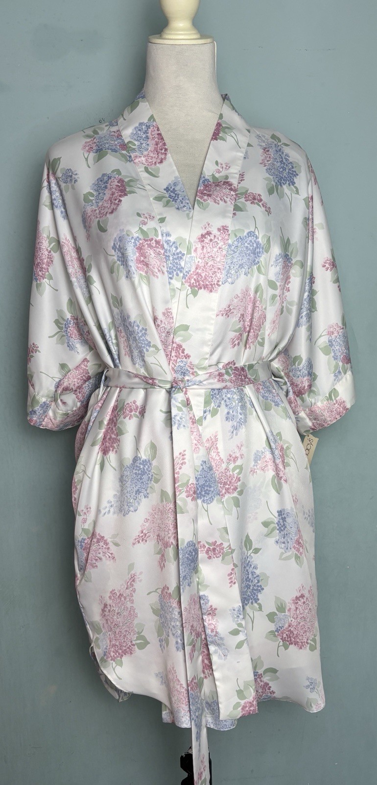 Vintage Laura Adams Satin Chemise Nightgown Robe Hydrangea 2 Pc Set L NWT