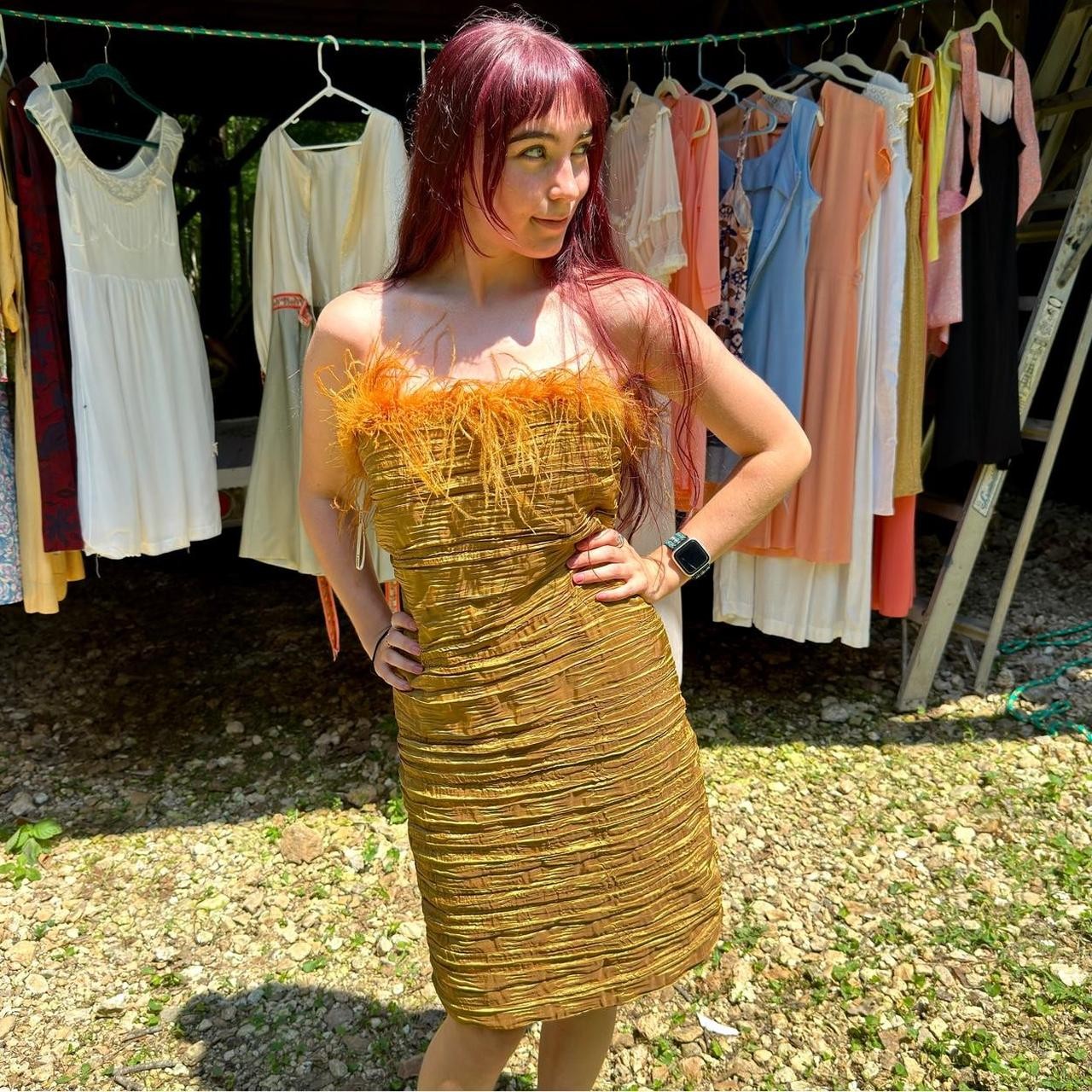 90s Issue New York bronze ruched bodycon cocktail dress fluffy ostrich feathers