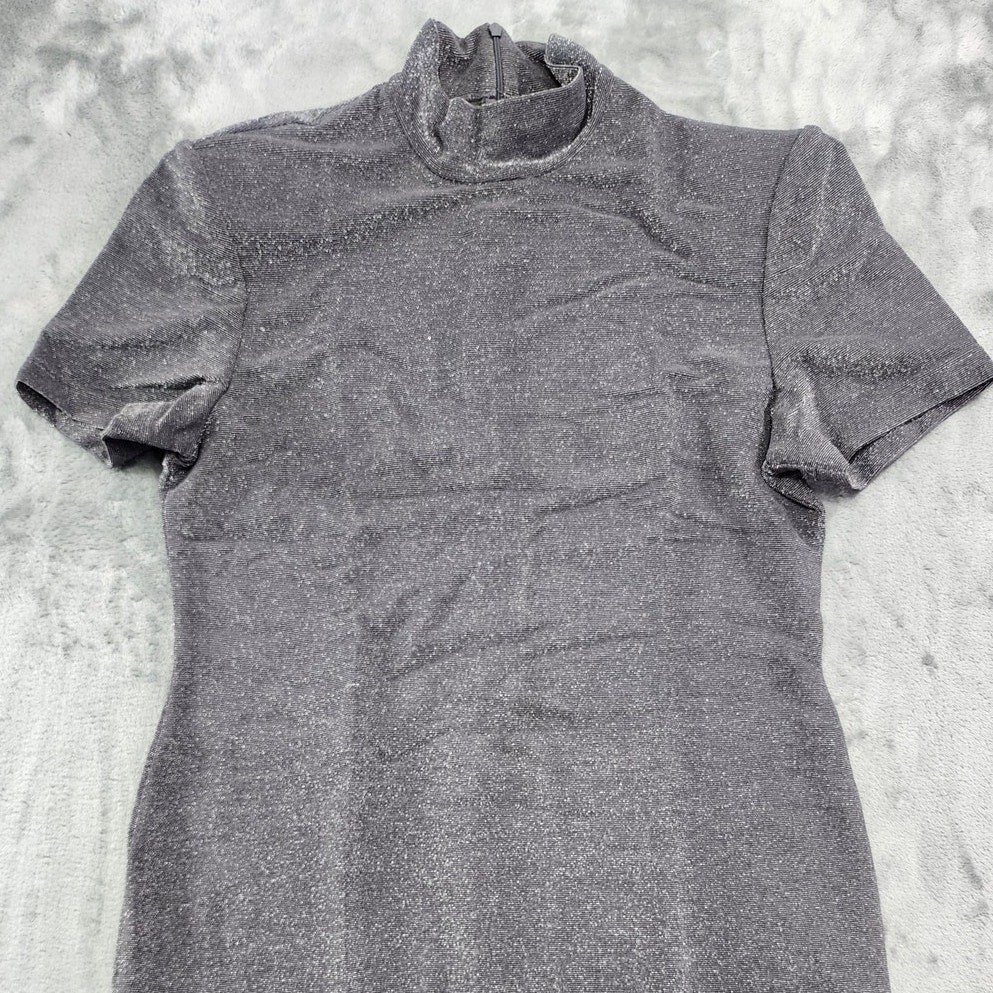 Vintage K.C. Spencer Dress Womens M Silver Metallic Mock Neck Short Sleeve Zip