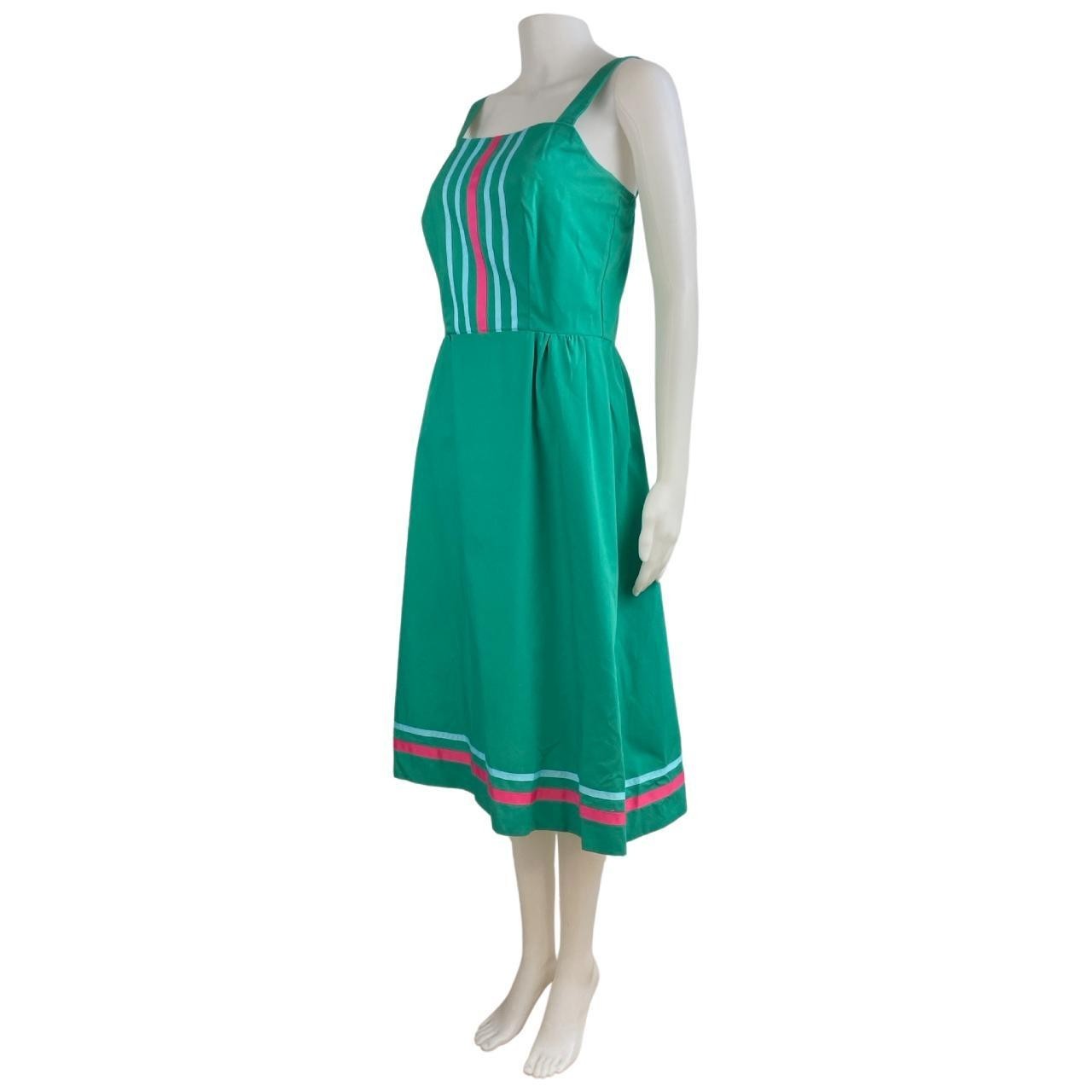 Vintage Cotton Sundress Size Small 1970s Teal Striped Sleeveless A-Line Pockets