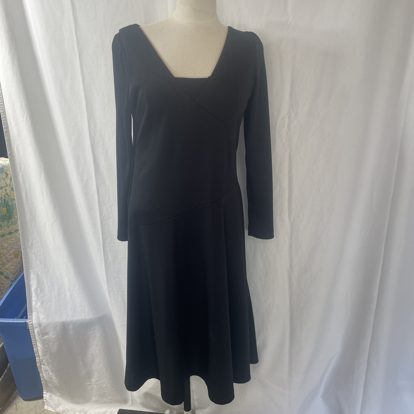 VTG N.R. 1 Ned Gould Black Knit Fit & Flare Dress Sz 14 Long Sleeve Midi USA