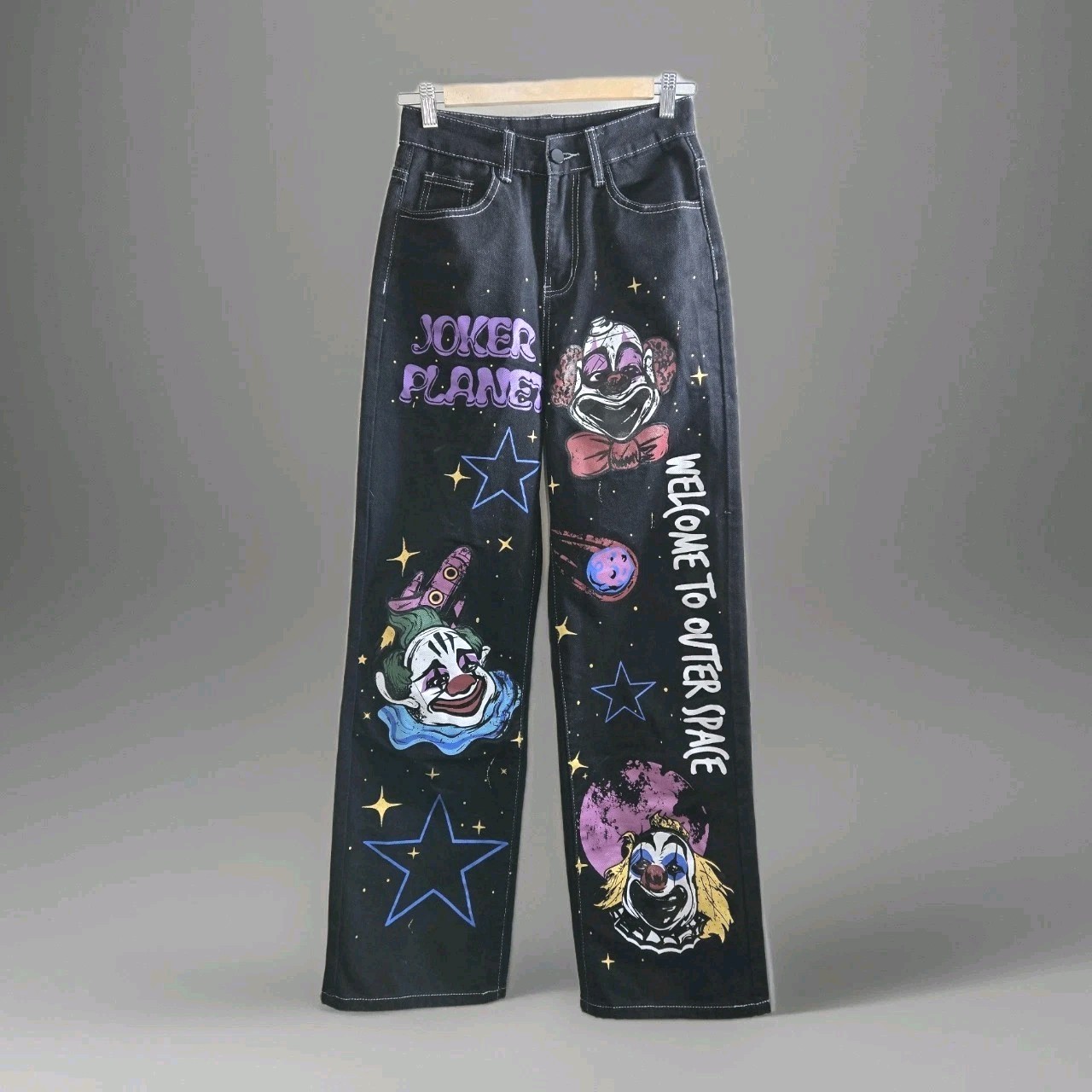 Grunge Punk Cartoon & Slogan Jeans Size XS Graphic Black Straight Leg Streetwear