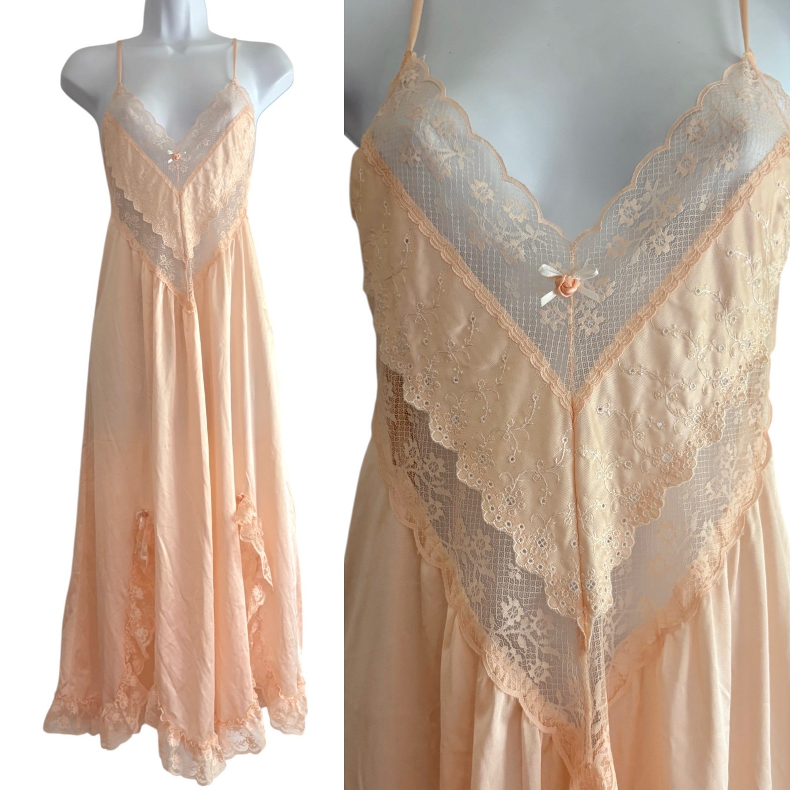 Vintage Joan Collins 80s Peach Lace Nylon Nightgown Romantic Lingerie M