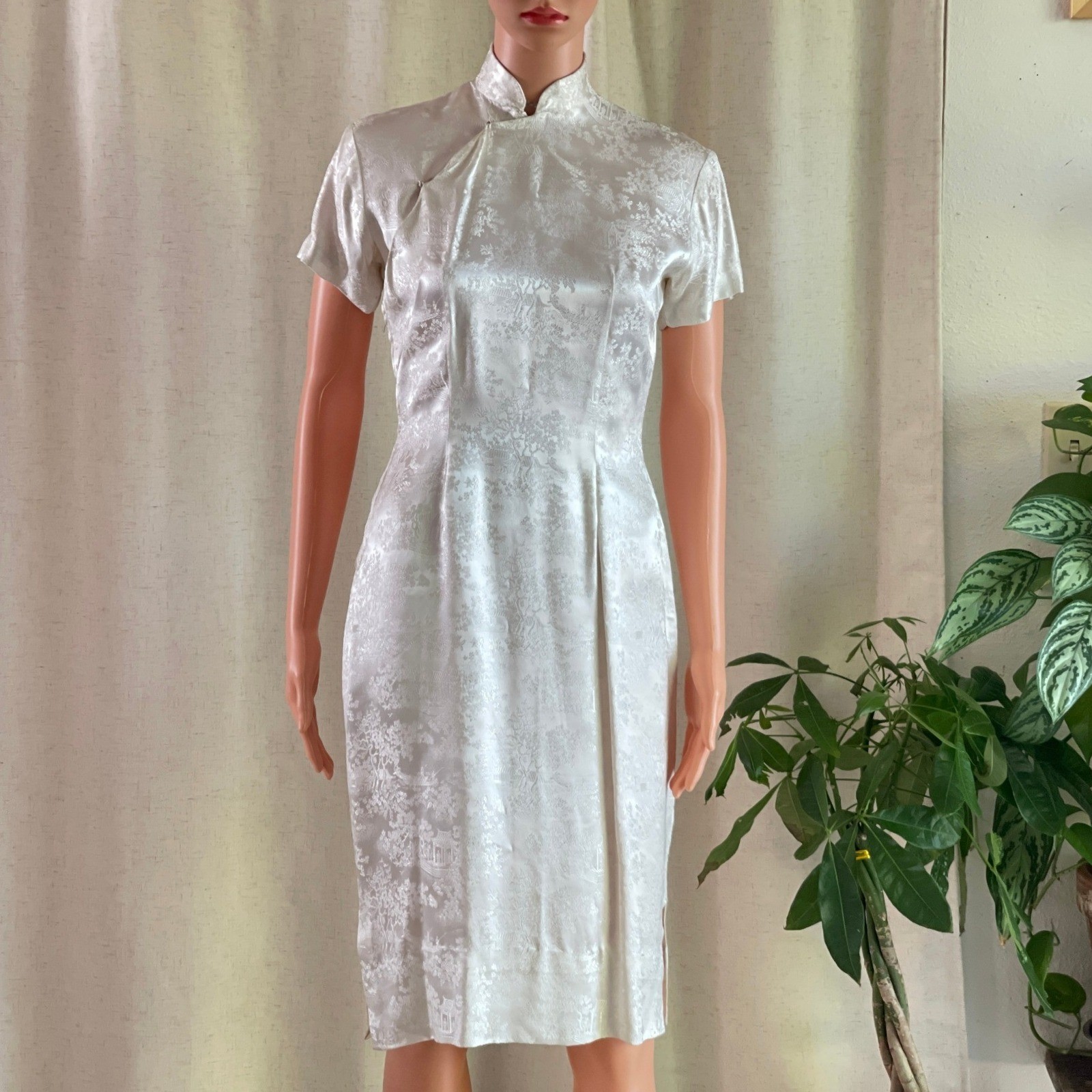 Vtg 60s Hong Kong Co Ivory White Brocade Cheongsam Qipao Dress Mandarin Collar S