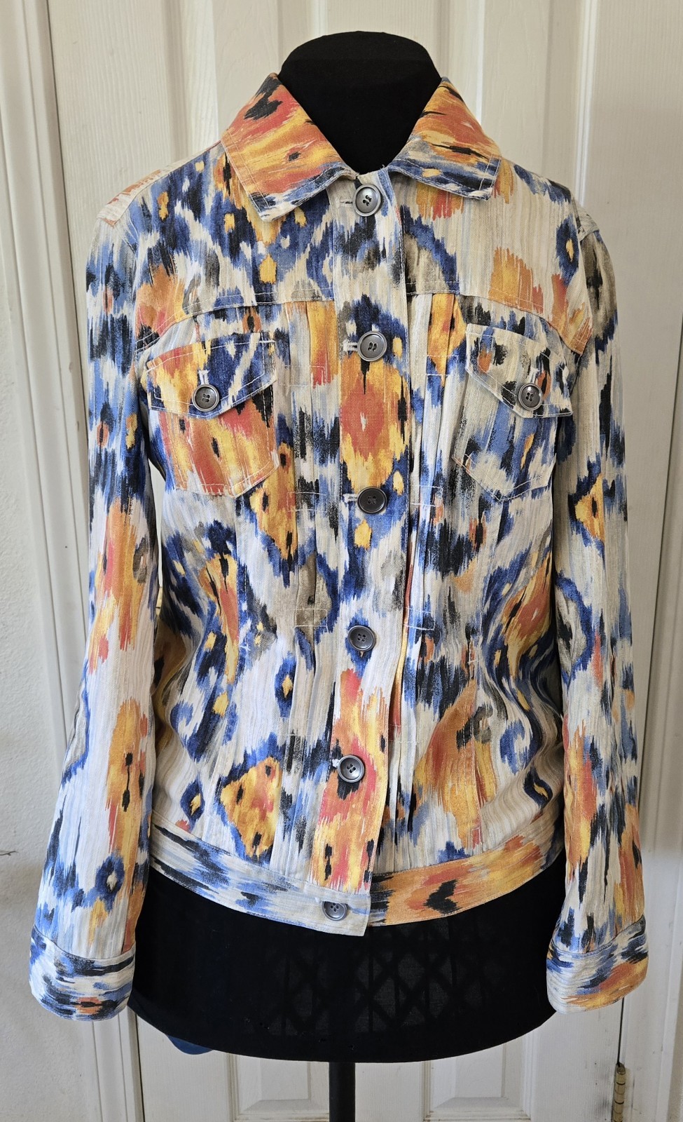 1990s CHICO’S AZTEC TRIBAL IKAT Denim Jacket 0 Size Medium