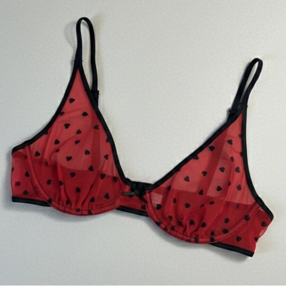 Vintage Red Mesh Heart Print Bra Sheer Black Trim 36B Sexy Date Night