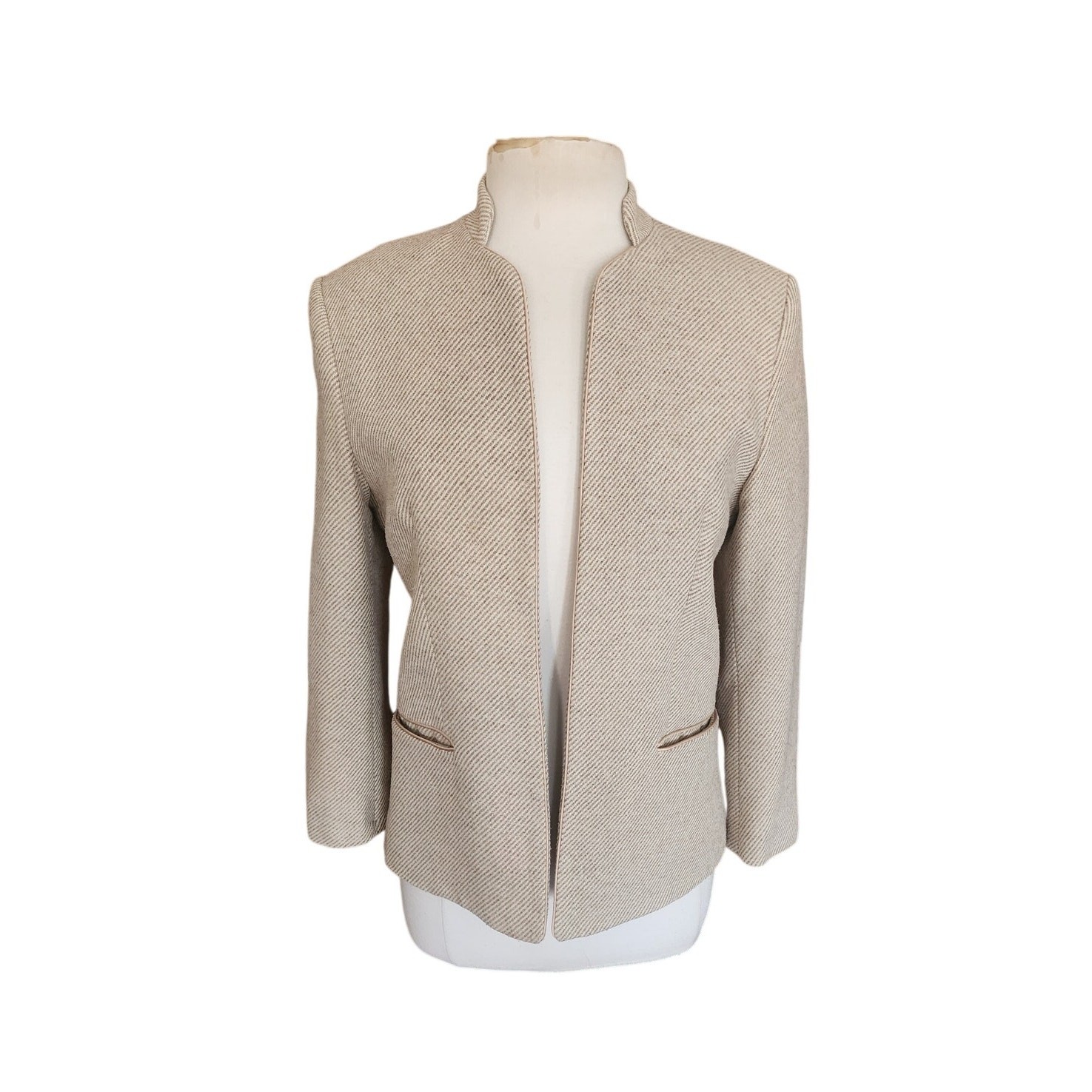 Vintage 70s Bally Blazer Beige Wool Band Collar Jacket Medium