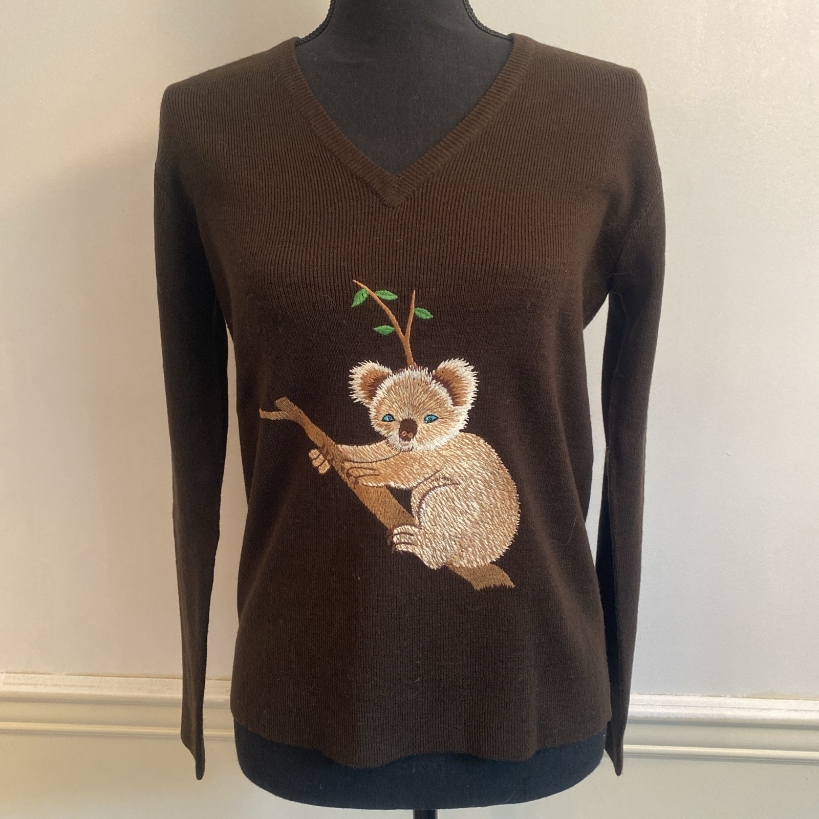 Vintage LeRoy Knitwear Womens Sweater Brown Size Medium Koala Bear Embroidered