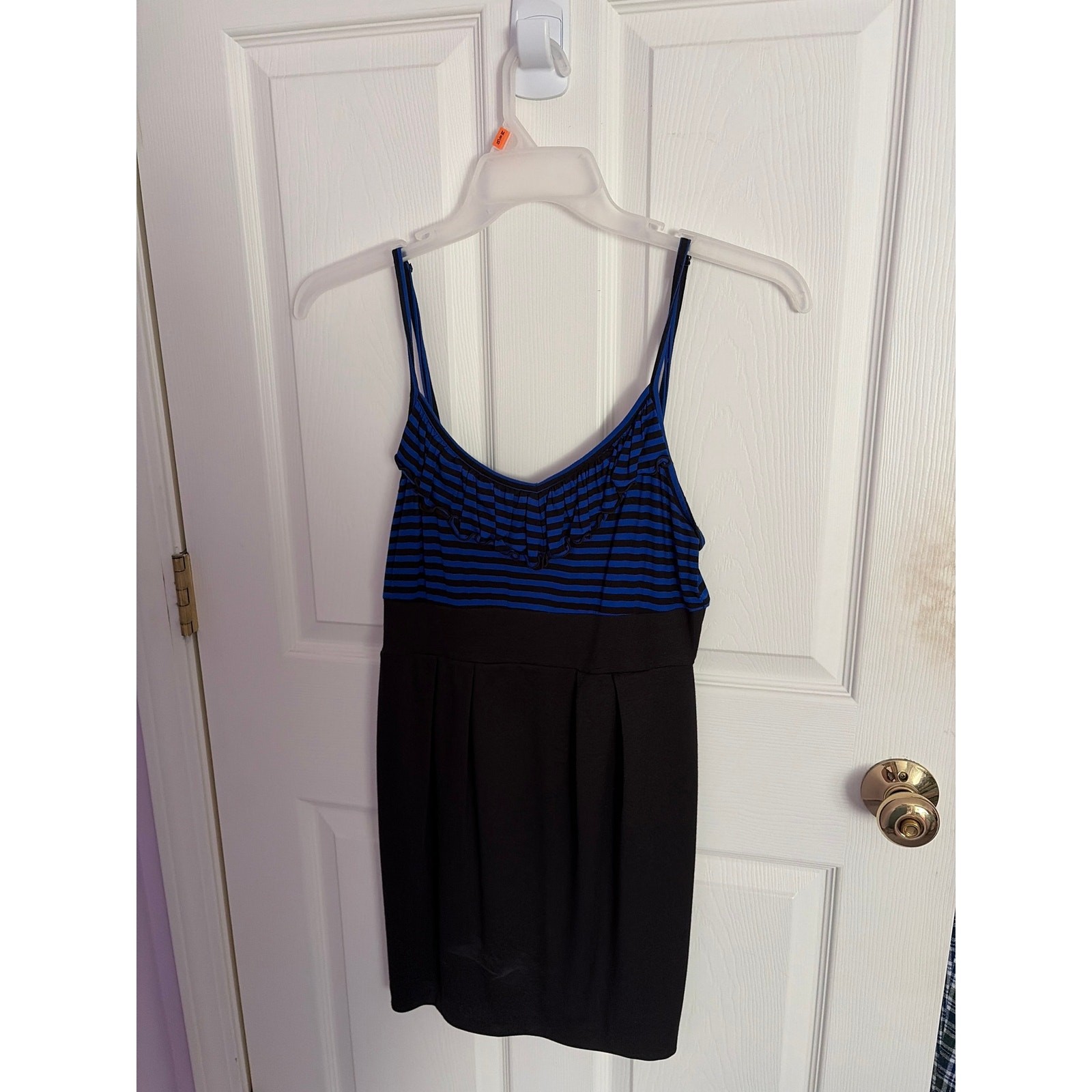 Forever 21 Vintage Striped Mini Dress M Blue Black V-Neck Spaghetti Strap Y2K