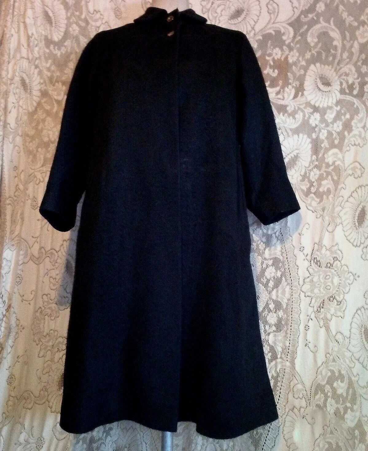 VTG 50s Moordale Fancy Mohair Wool Charcoal Black Coat w Floral Satiny Lining S