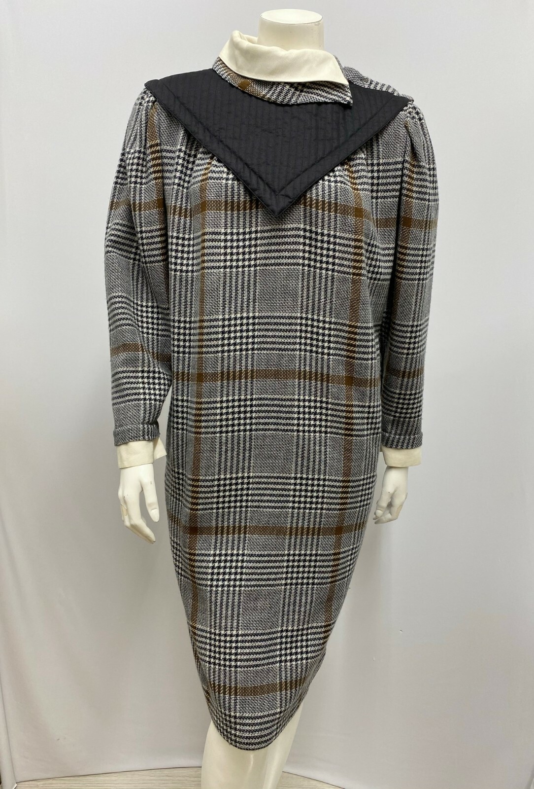 Vintage Basile Dress Black White Brown Houndstooth Plaid Front Black Bib 42 L