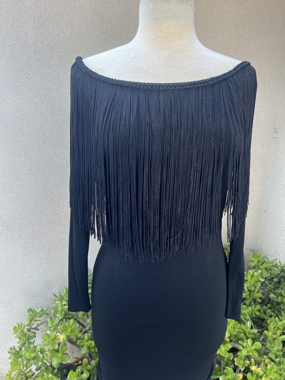 Vtg Maxi Dress Black Long Fringe Jersey Sz 8 Small By Jill Richards