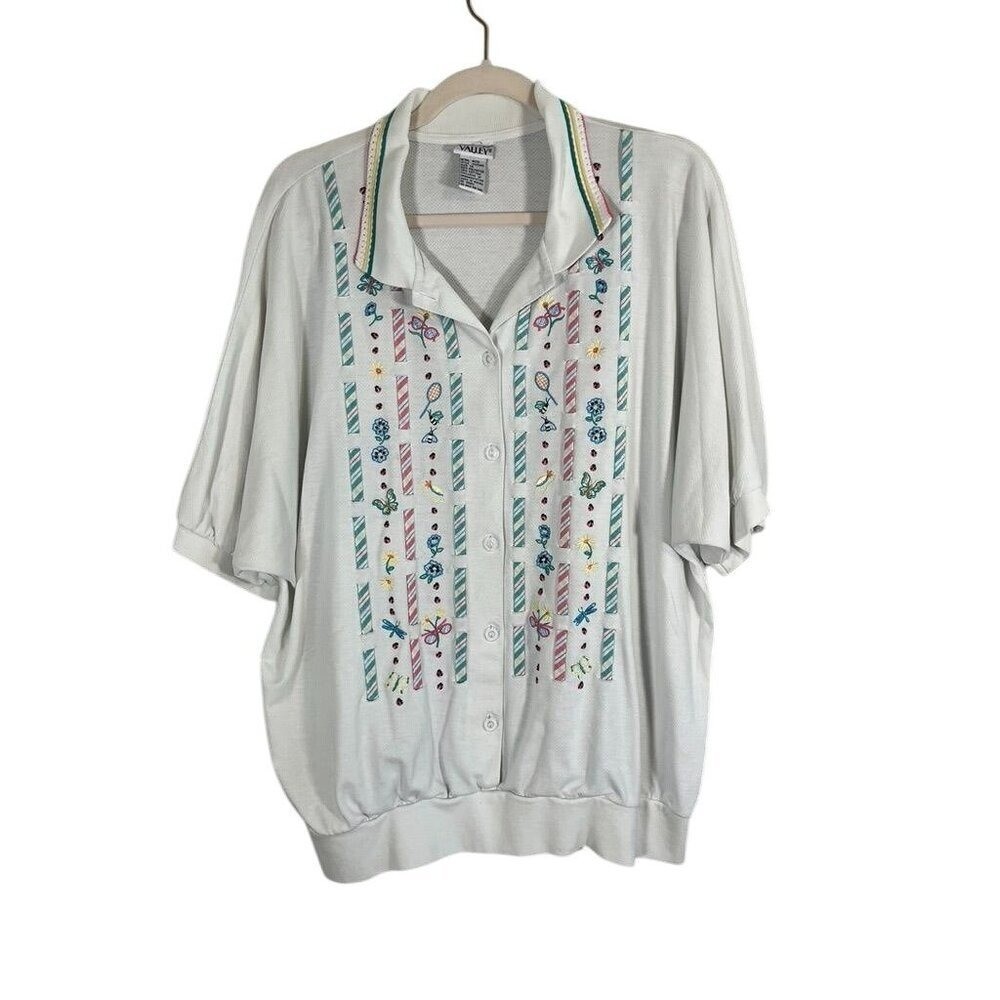 Retro Floral Embroidery Top 1X White Cottagecore Preppy Old Money Classic Chic