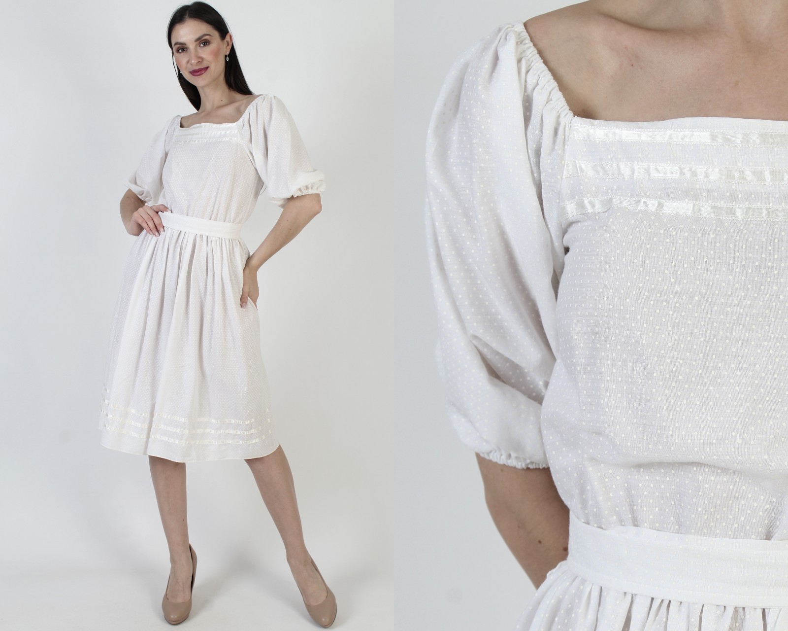 Vtg Cream Swiss Dot Dress Belted Victorian Prairie Monochrome Knee Length Midi
