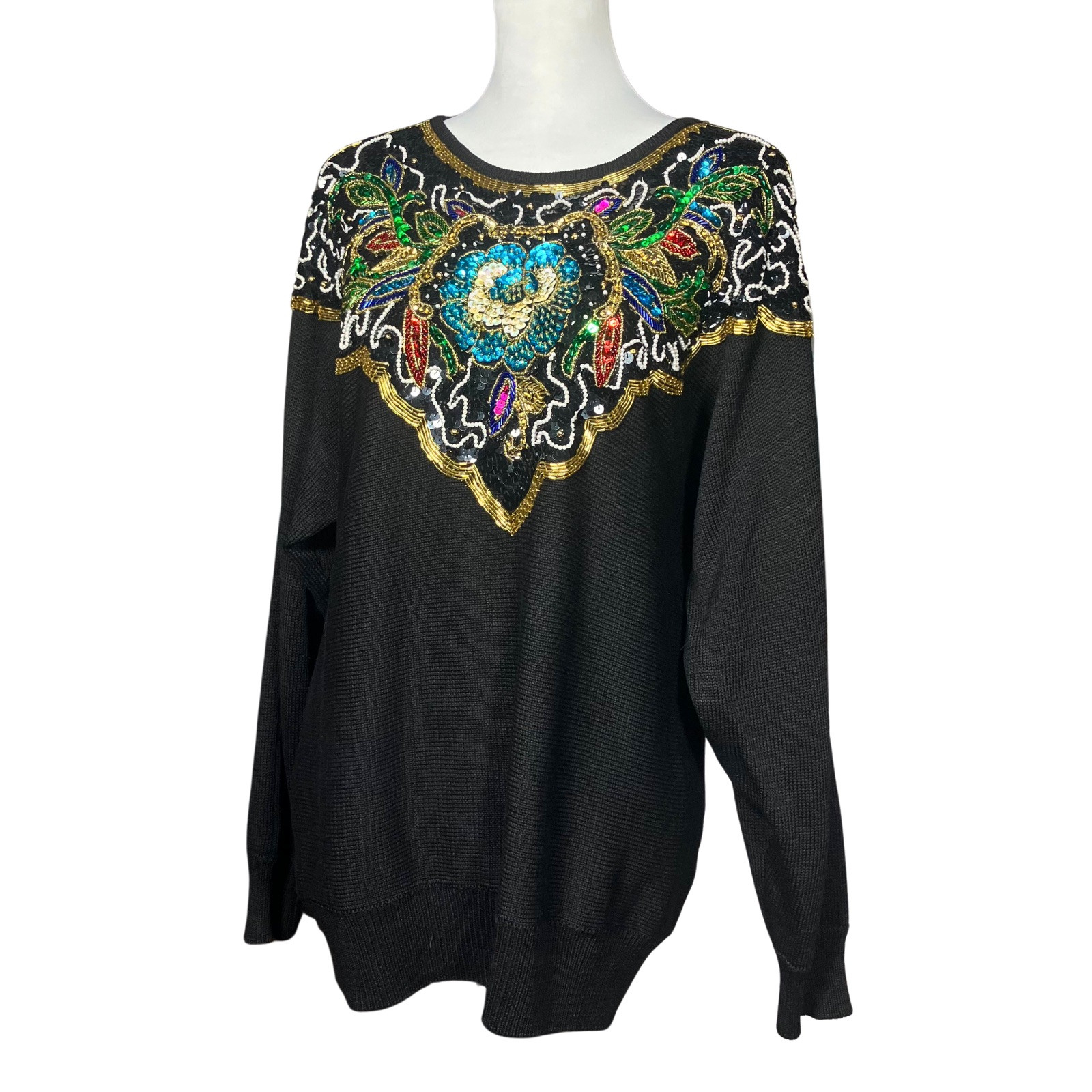 Vintage 80s Heavily Beaded Sequin Sweater. M/L. Black, Colorful, Gold Maximalism