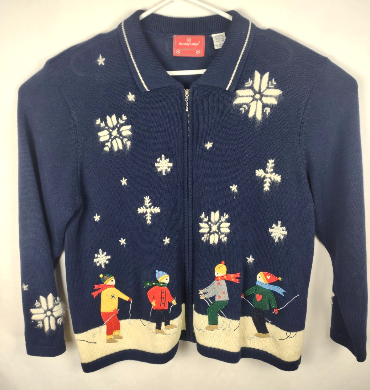 VINTAGE 90s Skiing & Snowflakes Novelty Cardigan Sweater 14W/16W Ugly Christmas