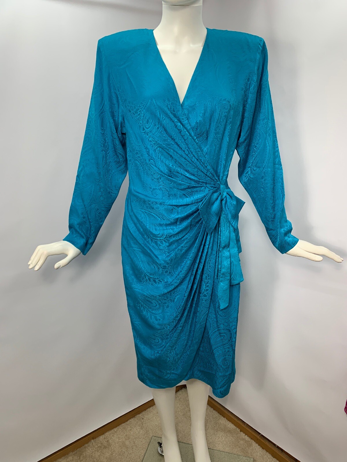 Vintage Silks by St. Gillian Dress 1980’s Long Sleeve Turquoise Paisley Bow Sz 8