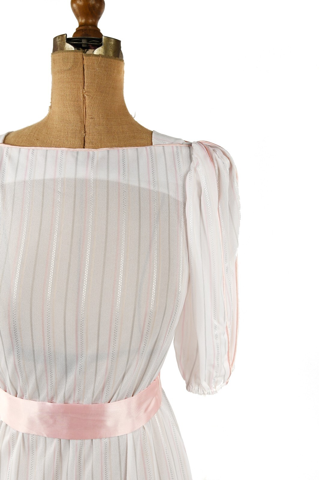 Vintage 80s Semi Sheer White + Pastel Pink Pinstripe Puff Sleeve Preppy Dress S